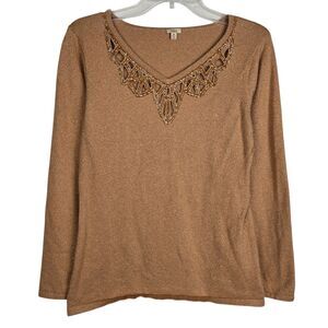 Reba Gold Metallic Beaded Cutout Knit Top Sz M Stretch Long Sleeve Holiday